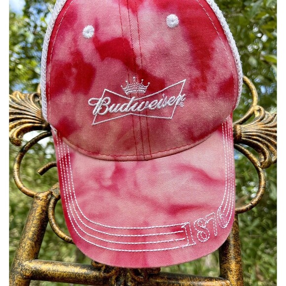 Budweiser 1876 Red White Trucker Hat Mesh Snapback Adj Beer Bleach Tie Dye - Picture 4 of 7